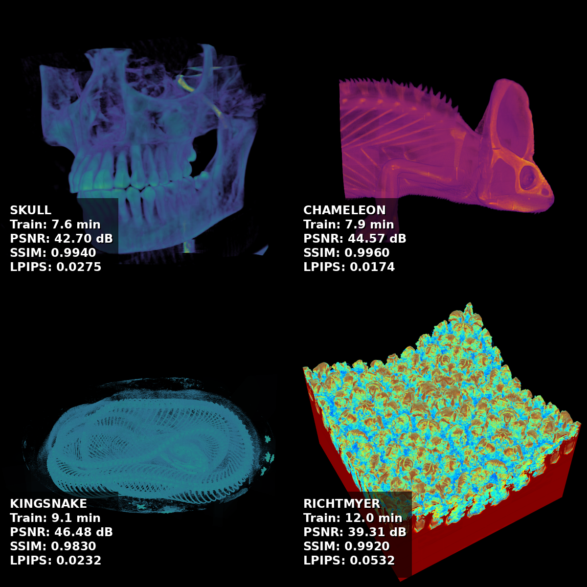 Four scientific datasets reconstructed with 256 independently trained domains